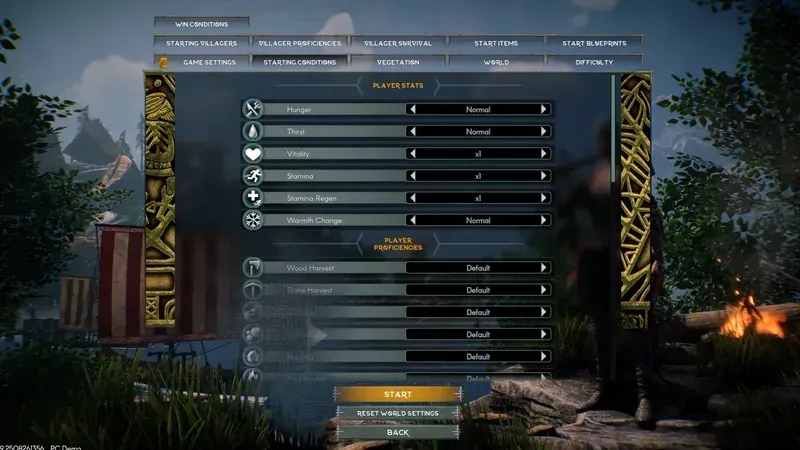 ASKA Custom Game player stats and proficiency settings