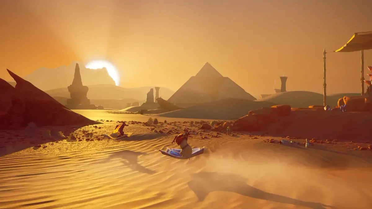 En äventyrare på en flygande matta bland sanddynerna och ruinerna i Umbral Sands