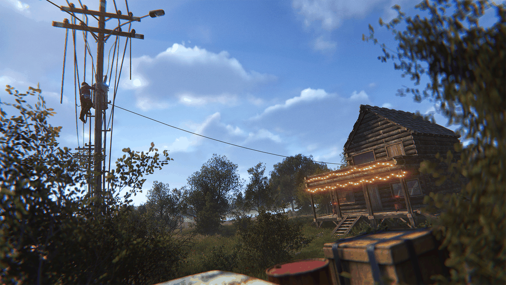 Roadside powerlines providing electricity in Rust Power Trip