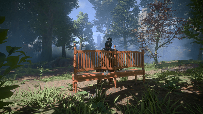 Spieler sitzt auf einer Bank in Enshrouded