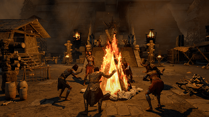 Tribo Soulmask dançando ao redor de uma fogueira